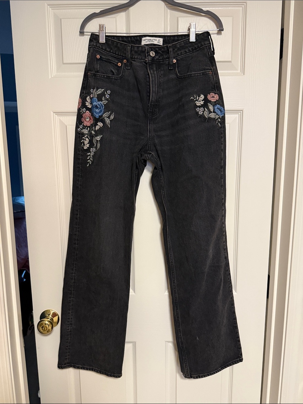 Abercrombie & Fitch Black Wide-Leg Jeans with Blue & Pink Floral Embroidery